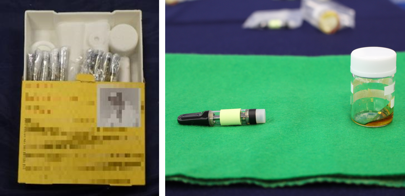 【大阪税関】アメリカ合衆国来国際郵便路線を利用した大麻リキッド密輸入事件を告発!! 物件と隠匿状況