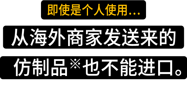 即使是个人使用…从海外商家发送来的仿制品※也不能进口。 ※仿制品 … 侵害商标权或者外观设计权的物品