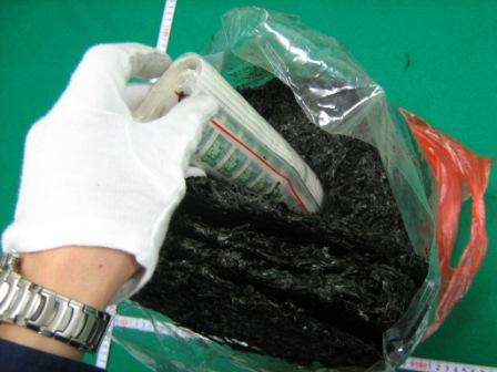 円柱状の乾燥海苔の中に隠されていた偽造収入印紙