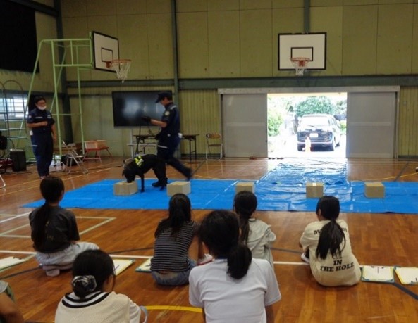 麻薬探知犬によるデモンストレーションの様子