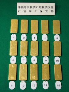 並べられた15枚の金地金 並べられた15枚の金地金